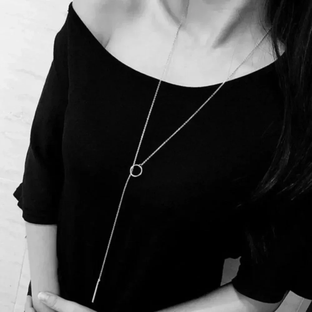 925 Sterling Silver Lariat Necklace Circle & Bar Drop Necklace Minimalist Chain